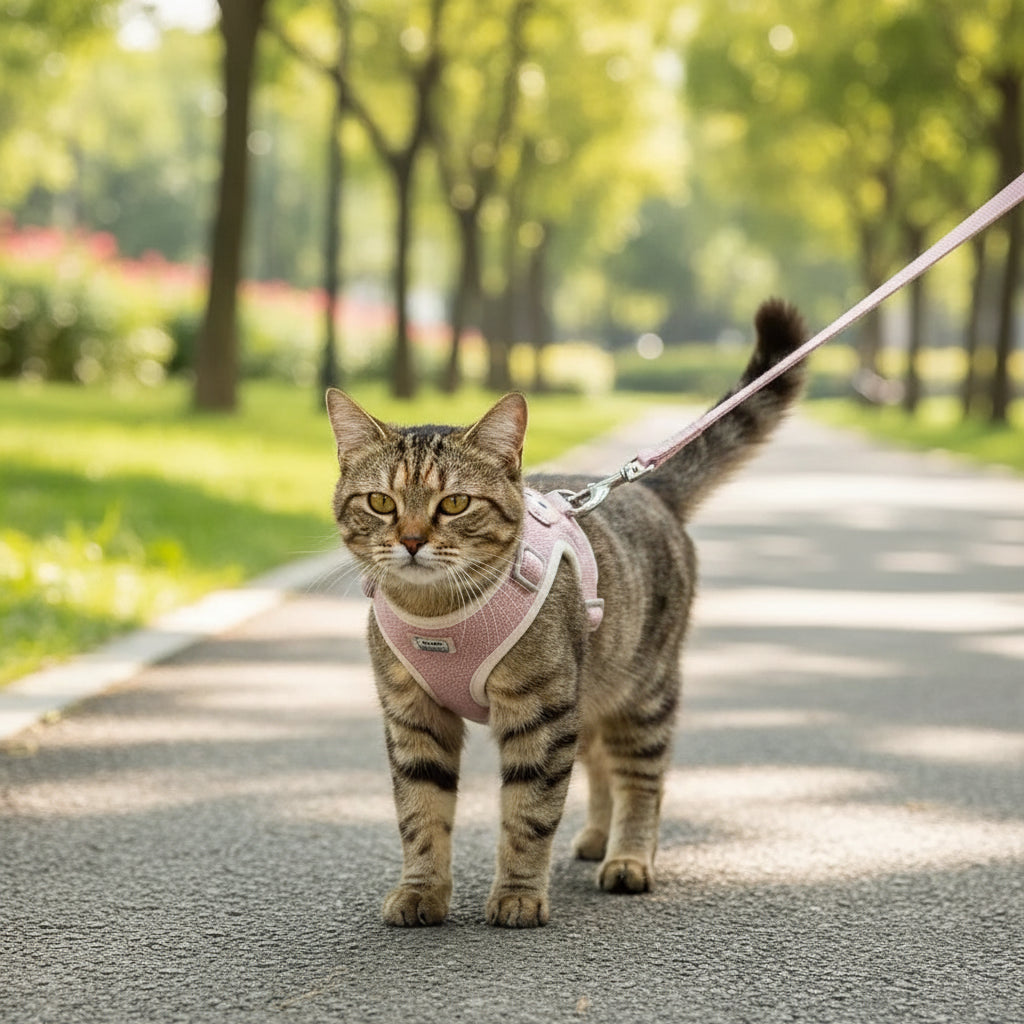 Pink bear-shaped pet harness with leash on , cat being walked