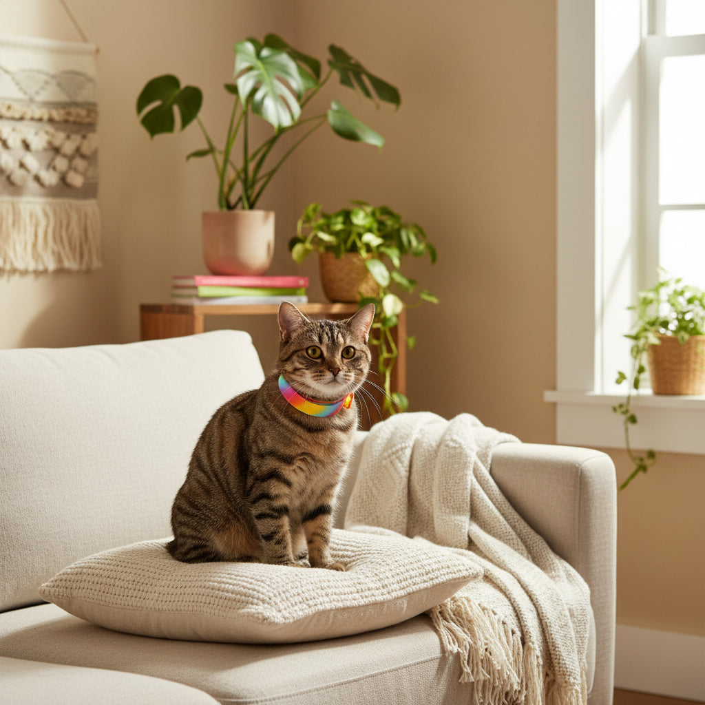 cat flea collar, cat on sofa