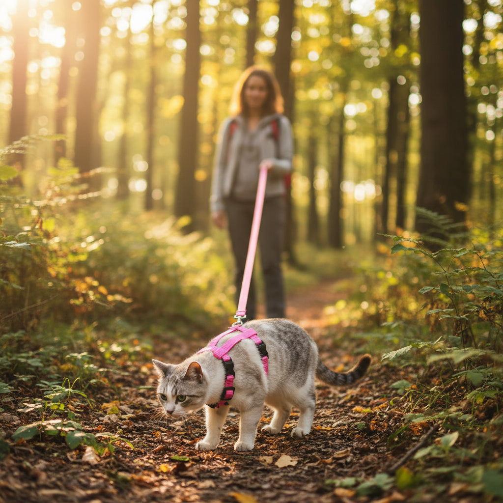 Cat harness and leash set with packaging featuring a cat illustration.